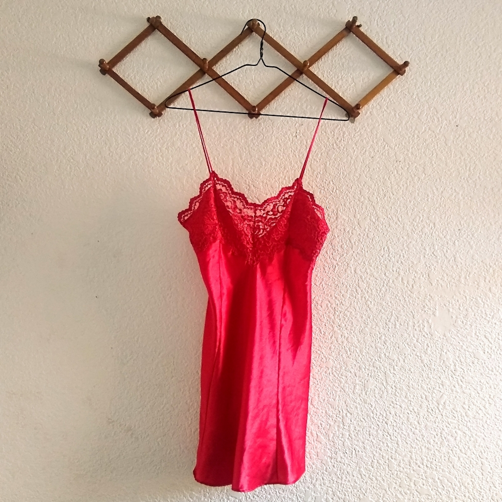 Y2K Red Satin Slip Dress w/ Lace